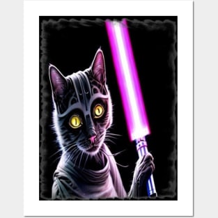 Fun Cat Print ~ AI Art ~ Fantasy Cat ~ Sci-fi Cat ~ Cats with Lightsabers Posters and Art